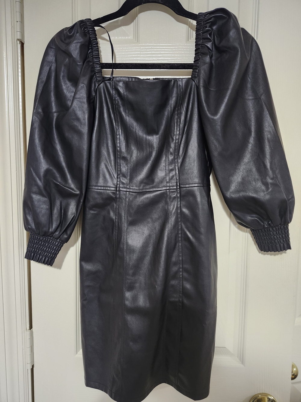 7 For All Mankind Black Faux Leather Puff-Sleeve Dress